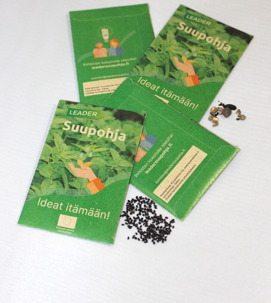 Siemenpussi 63 x 98 mm, 4-väripainatuksella, ruohosta valmistettua kartonkia, valmistettu Saksassa