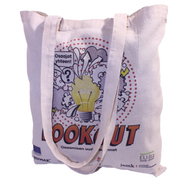 PREMIUM-ekokassi, täysväripainatuksella, luonnonvalkoinen, testatusti turvallista 100 % puuvillakangasta, n. 38 x 42 cm, pitkät hihnat, paino n. 150 g/m2
