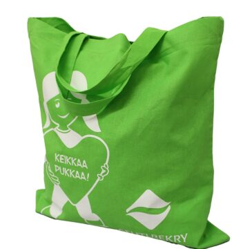 PREMIUM-kangaskassi, laadukas viimeistely, testatusti turvallista 100 % puuvillakangasta, n. 38 x 42 cm, lyhyet kantohihnat, paino n. 140 g/m2