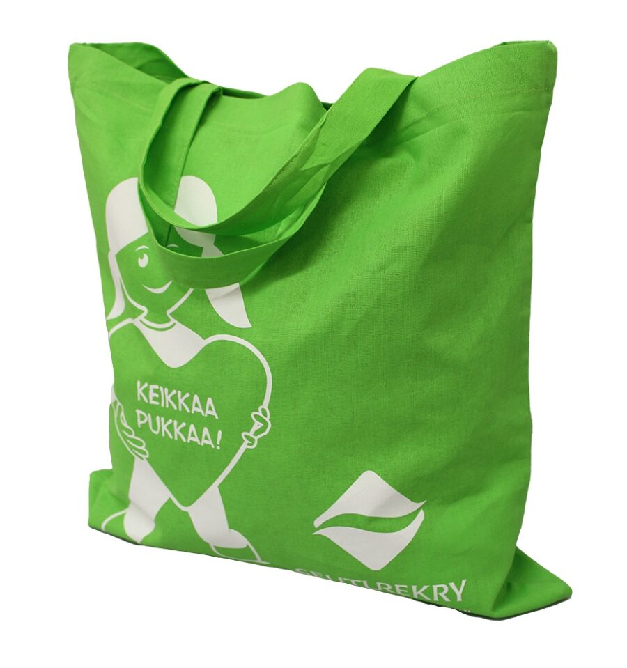 PREMIUM-kangaskassi, laadukas viimeistely, testatusti turvallista 100 % puuvillakangasta, n. 38 x 42 cm, lyhyet kantohihnat, paino n. 140 g/m2