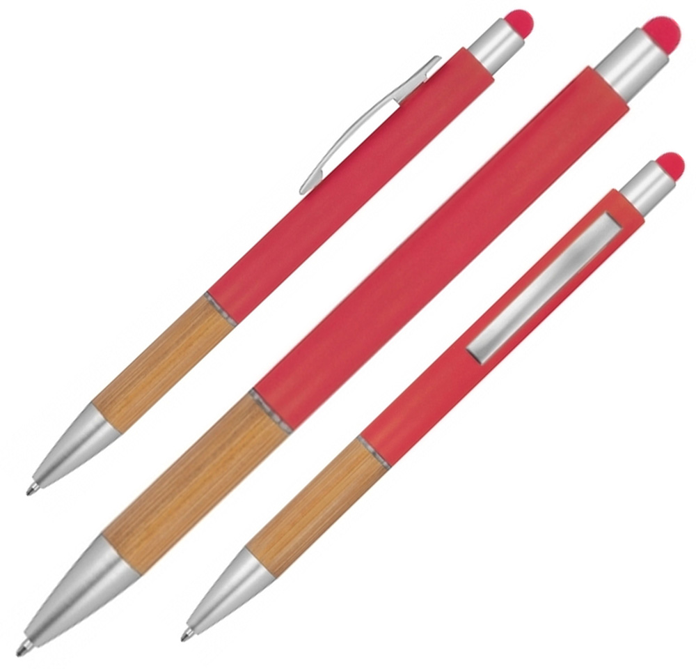 Punainen kosketusnäyttökynä bambuisella otealueella ja metalliosilla